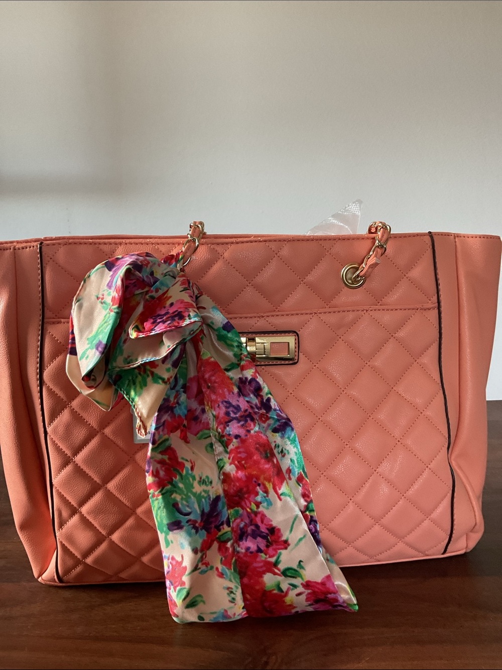 NEW Peach Quilted Scarf Chain Strap Tote Bag Purse ● Apt9